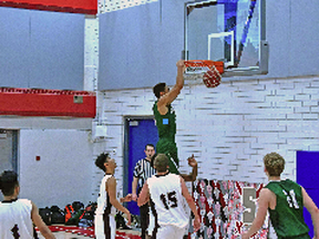 Spruce Grove Composite High School Panthers’ Caleb Quaye goes up for a dunk in early season action. - Photo submitted