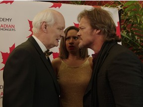 Canadian actor Colin Mochrie (as himself), left to right, Sabryn Rock ("Emily" the Canadian Peacemonger) and Chris Jericho star in a scene from Season 2 of But I'm Chris Jericho, now available on cbc.ca. (Photo courtesy of CBC.ca)