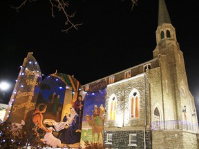 Saint-Jean De Brébeuf Church on Notre Dame Avenue features a large mural of a nativity scene in Sudbury.