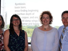 Supplied photo            
Lise Thomas (left), Clinical Manager, 4 North, Jessica Watts, Greater Sudbury Public Library, Kim Fahner, Poet Laureate, and Martin Lees, Project Manager, Northeast East Non-Urgent Patient Transportation, unveil the poetry wall at Health Sciences North.