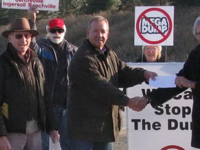 Oxford People Against the Landfill recently received a check for $10,000 from the Ingersoll Community Foundation. From left Bryan Smith, John Jooser, Dan Vida, Jennifer Filcox and Ian Robertson. (Submitted photo)