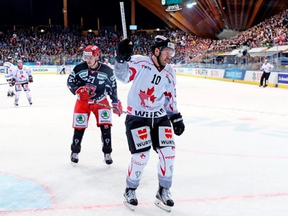 Team Canada's Curtis Hamilton celebrates after scoring 2-1 during the game between Canada and Mountfield HK at the 91st Spengler Cup ice hockey tournament in Davos, Switzerland on Tuesday, Dec. 26, 2017. Canada is two-time defending champions at the Spengler Cup and will use the tournament as a final evaluation before deciding on its Olympic roster in January. THE CANADIAN PRESS