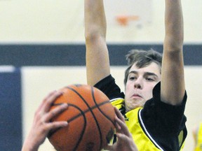 Karsen Eisler, who’s head seemed to be the shape of a basketball in this image, scored 23 points to lead the Mitchell District High School (MDHS) junior boys basketball team to a 50-37 win over visiting Stratford St. Mike’s and Brady Ballantyne during Huron-Perth regular season action last Wednesday, Dec. 20. ANDY BADER/MITCHELL ADVOCATE