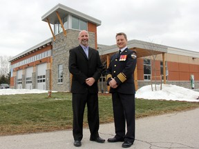 Middlesex Centre director of community services Scott Mairs, left, and fire Chief Colin Toth stand outside the department’s new fire hall in Coldstream. JONATHAN JUHA/STRATHROY AGE DISPATCH/POSTMEDIA NETWORK