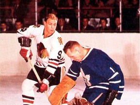 Johnny Bower stops Belleville's Bobby Hull during an early 1960s NHL contest between the Toronto Maple Leafs and Chicago Blackhawks. (NHL.com)