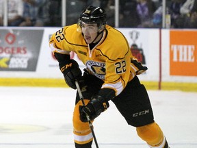 Kingston Frontenacs defenceman Jakob Brahaney enters the Mississauga Steelheads’ zone during the second period of an Ontario Hockey League game at the Rogers K-Rock Centre on Sept. 23. (Steph Crosier/The Whig-Standard)