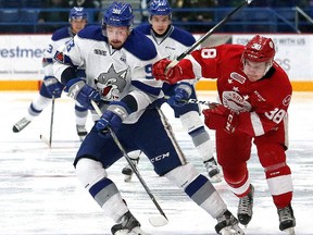 Dmitry Sokolov, left, of the Sudbury Wolves, and Hayden Verbeek, of the Soo Greyhounds, battle for the puck during OHL action at the Sudbury Community Arena in Sudbury, Ont. on Friday November 17, 2017. John Lappa/Sudbury Star/Postmedia Network