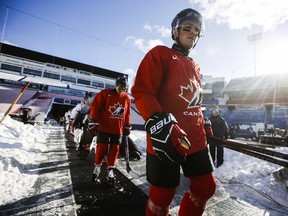 Canada's Dante Fabbro takes the ice during their outdoor hockey practice at New Era Field during the IIHF World Junior Championship in Orchard Park, N.Y., Thursday.
Mark Blinch / The Canadian Press
