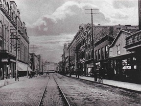King Street looking east from Fourth Street, circa. 1910. Zakoor Brothers Fruits is the wooden building at far right. The Princess Theatre is the building next left to it. The balcony of the Rankin Hotel can be seen at the right extremity.