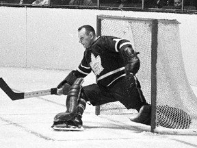 The Canadian Press file photo
Toronto Maple Leafs goaltender Johnny Bower makes a kick save during playoff action against the Montreal Canadiens in Montreal in 1966.