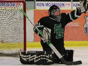 Ashton Berthaume, 12,  plays for the Peewee Falcons in Spruce Grove as the only female goaltender in the league. - Photo Submitted