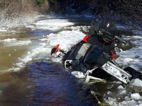 Greater Sudbury Police on Sunday posted a photo of a badly damaged snowmachine on its Twitter account.