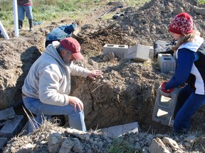 Larry Cornelis (left) gets some help constructing a snake habitat on his farm near Wallaceburg. Cornelis, a long-time advocated for local conservation, has helped restore habitat across much of southwest Ontario.