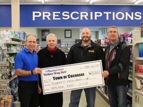 Frank Louvelle of PharmaChoice Wallace Drug Store generously donated $20,000 to be used towards the splash pad. He presented the cheque to members of the Lake Commando Development Committee which includes Claude Bourassa, Peter Politis and Darryl Owens.