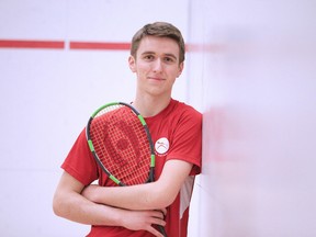 Squash player Charles de la Riva Jr.takes a break on the squash court on  Dec. 27. Gino Donato/Sudbury Star