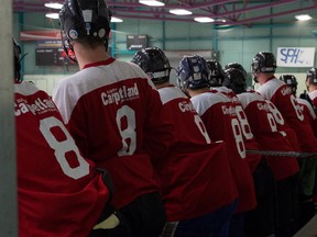 Supplied photo
Hockey players lin Sudbury laced up their skates last month to raise money in memory Jordan Fram and to give poor children the chance to play the game. Both teams sported “JF” jersey’s and all players wore #8, to honour their friend.