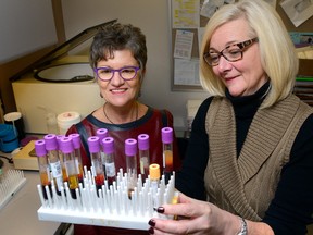 Dr. Irene Hramiak, a scientist at the Lawson Health Research Institute, left, and researcher Sue Tereschyn in the lab at the Lawson Health Research Institute in London, Ontario on Monday December 21, 2015. (Free Press file photo)