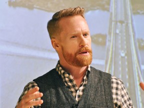 Olympic gold medalist and Amazing Race Canada host Jon Montgomery speaks at the SouthWest Agricultural Conference at Ridgetown District High School on Wednesday. (Tom Morrison/Postmedia Network)