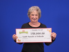 Judith Hannafin of Belleville is celebrating after winning the $50,000 top prize with an Instant Crossword scratch and win ticket. Instant Crossword is available for $3 a play and the top prize is $50,000. Odds of winning any prize are 1 in 3.84. The winning ticket was purchased at Friends Variety on Sidney Street in Belleville.
