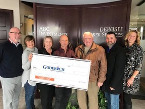 Revitalization Committee members, Councillor Myles Murdock (left) along with Councillor Trevor Bazinet and Leah Noel (right) accept ABC Investment’s $10,000 donation from Carolyn Carter, Nancy Boyce, John Little, and Frank Little (centre). (Contributed photo)