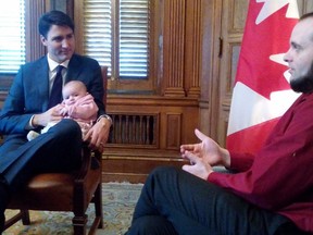 Prime Minister Justin Trudeau appears with members of the Boyle family on Parliament Hill in Ottawa in pictures posted Dec. 19, 2017 to a Twitter account attributed to the family of released Afghan hostage Joshua Boyle. (Twitter/The Boyle Family)