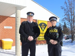 Insp. Rob Scott and Const. Laura Lee Brown stand in front of the Perth County OPP detachment on Thursday, Jan. 4, 2018 in Sebringville, Ont. Applications are available here and at headquarters in Mitchell and Listowel for the organization’s citizen police academy. Terry Bridge/Stratford Beacon Herald/Postmedia Network