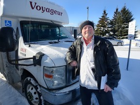 Mark Mager, who won a Ministry of Labour ruling against Voyageur Transportation Services regarding unpaid wages, earns $14 an hour. His shifts are about 10 hours, and he works about 30 hours a week. (MORRIS LAMONT, The London Free Press)
