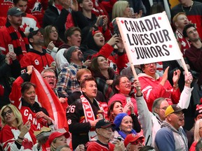 Fans cheer for Canada in the second period against Sweden during the gold medal game of the IIHF World Junior Championship at KeyBank Center in Buffalo, New York.
Kevin Hoffman/Getty Images