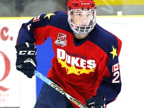 Declan Carlile scored the O.T. game-winner for the Wellington Dukes in a 5-4 defeat of Trenton Friday night at Essroc Arena. (Ed McPherson/OJHL Images)
