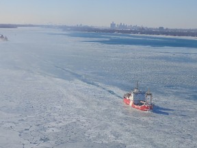 The Canadian Coast Guard Ship Griffon leads a convoy of ships across an ice-covered Lake St. Clair Saturday, Jan. 6. The convoy continued up the St. Clair River with the Canadian Coast Guard Ship Samuel Risley. (Submittted courtesy of Jonathan Delisle, ice services specialist with Environment Canada)