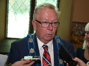 Jason Miller/The Intelligencer
Mayor Robert Quaiff speaks to reporters following the civic levee address in Picton on Sunday.