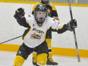 Ryan Glauser (17) of the Mitchell Atom AE’s celebrates his goal late in the second period during a 4-1 win over Tavistock Saturday morning. ANDY BADER/MITCHELL ADVOCATE