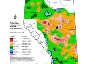 As of Jan. 1, snowpacks in the Whitecourt area are at a one-in-25-year low relative to normal. But the province reports there is still plenty of time for the region to receive a good amount of snow (Submitted | Alberta Agriculture and Forestry).