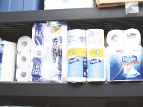 Toilet paper on one of the shelves at the Vulcan Regional Food Bank Society. The society gives out a lot of toilet paper, so donations are heavily relied upon for this item.