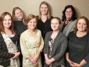 The team at Huron Midwives welcomed their first baby of 2018 in the Lucknow area. Left to right: Jasmine Graham (RM), Siobhan Morrison (RM), Mélissa Boizot-Roche (RM), Ellen Peel (RM), Krista DiCecco, Kendra Wilts (second birth attendant), and Valerie Shortreed (administrator).