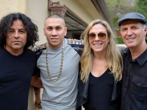 Christopher Rutkowski/Rezolution Pictures	
Guitarist Stevie Salas, far left, is an executive producer of Rumble: The Indians Who Rocked the World, and helped rally interview subjects for Montrealers Catherine Bainbridge and Alfonso Maiorana, far right. Artists who appear in the exploration of Indigenous influences on popular music include Black Eyed Peas rapper Taboo, second from left. The film is part of this year’s Downtown DocFest.