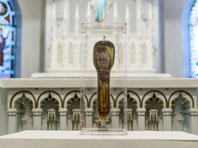 The forearm of St. Francis Xavier, patron saint of missions, has embarked on a 14-city tour of Canada. (Photo courtesy of Catholic Christian Outreach)