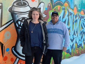 Marianne Griffith, right, and Chief Myeengun Henry stand outside the Life of Leisure Surf + Social Club on the east end of London. It’s where Griffith’s band -- and others -- will play this Saturday, to support a joint initiative between the Chippewas of the Thames First Nation and Building Better, a London-based non-profit organization. (Louis Pin/Postmedia Network)
