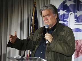 In this Nov. 9, 2017, file photo, Steve Bannon, speaks during an event in Manchester, N.H. (AP Photo/Mary Schwalm, File)