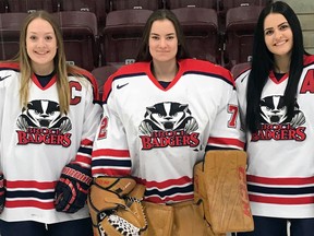 Team captains of the Brock Badgers women’s hockey include, from left, Brenna Murphy, Jensen Murphy and Kailey Peirson, all of whom are from the Kingston area and are products of the Greater Kingston Girls Hockey Association. The Badgers face the Queen’s Gaels on Friday at 7:30 p.m. in an Ontario University Athletics women’s hockey game at the Memorial Centre. (Supplied photo)