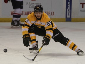 Kingston Frontenacs forward Cliff Pu in action during his first game as a member of the Kingston Frontenacs on Friday night at the Rogers K-Rock Centre. (Steph Crosier/The Whig-Standard)
