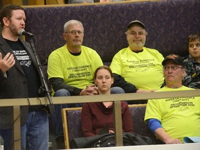 Rob Huber, president of the Thames River Anglers, speaks during a meeting at London City Hall to determine the fate of the Springbank dam on Tuesday January 9, 2018. The group favours decommissioning the dam.  (MORRIS LAMONT, The London Free Press)