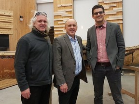 Supplied photo
David Fortin (right) took over at the beginning of January from Terrance Galvin, founding director of Laurentian University’s McEwen School of Architecture, who led the creation and development of the school since its start in 2012. In the centre is Pierre Zundel, Laurentian’s interim president.