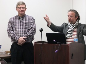 BRUCE BELL/THE INTELLIGENCER
Sophiasburgh Community Food Hub co-chairmen Todd Foster (left) and Mike Farrell update the Hastings and Prince Edward District School Board on the status of the facility. The group was spared closure when the community group proposed the food hub to accompany the elementary school.