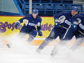 Newly acquired defenceman Peter Stratis runs through some drills during team practice with the Sudbury Wolves Sudbury, Ont. on Wednesday, January 10, 2018. Stratis was acquired in a trade from the Ottawa 67s.Gino Donato/Sudbury Star/Postmedia Network