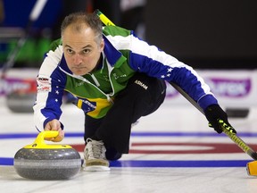 Marcelo Mello of Team Brazil throws a rock during a practice session Wednesday at the Western Fair Sports Centre. Brazil faces Canada in a best-of-five series at the Continental Cup of Curling, which kicks off Thursday. (MIKE HENSEN, The London Free Press)