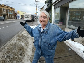 Community activist Marlene Dale shows her delight that her Hamilton Road community will get money and programs during the next 10 years to beautify its streetscape, improve store facades, help refurbish property, establish a gateway to the neighbourhood and improve parks.  (MORRIS LAMONT, The London Free Press)
