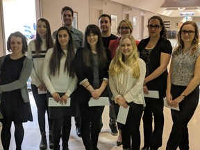 The Northern Cancer Foundation handed out $11,000 in bursaries at a function on Jan. 9. Bursary recipients include Julie Lioselle, left, Amanda Durkin, Alexis Fong, John Kosiw, Sarah Hunt, Justin Boudreau, Jordan Aarssen, Amanda Fluke, Sabrina Renzetti and Amanda Daigle. Supplied photo