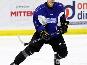 Sarnia Sting centre Jonathan Ang practises at Progressive Auto Sales Arena in Sarnia, Ont., on Tuesday, Jan. 9, 2018. (MARK MALONE/Postmedia Network)