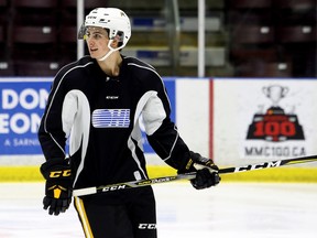 Sarnia Sting defenceman Cam Dineen practises at Progressive Auto Sales Arena in Sarnia, Ont., on Tuesday, Jan. 9, 2018. (MARK MALONE/Postmedia Network)